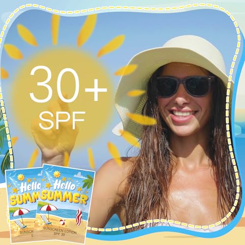 Image of Loopeer 60 Pcs Mini Sunscreen Bulk Travel Size Sunscreen Packet 0.27 Fl. Oz. SPF 30 Water Resistant Mini Sunblock Beach Lotion Pool Summer Vacation Gift for Women Summer Party Wedding (Beach)