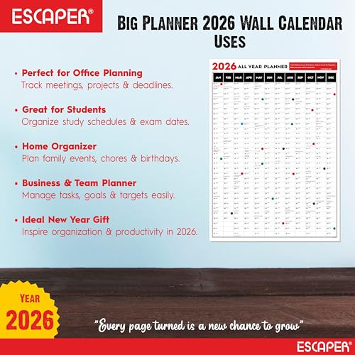 Image of ESCAPER Big Planner 2026 Wall Calendar (18 x 25 inches) with Dot Stickers, Single Sheet Yearly Layout, 120 GSM, Daily Organizer for Home, Office & Study