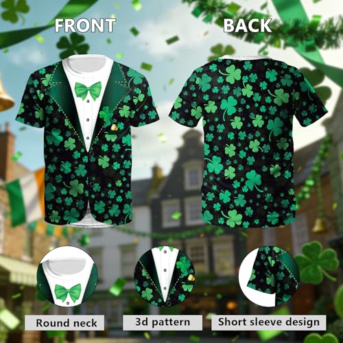 Image of Eciodci Men's St Patricks Day T-Shirts Novelty 3D Printed Shamrock Tuxedo Tees Shirt Clover Leaves Casual Short Sleeve Shirts
