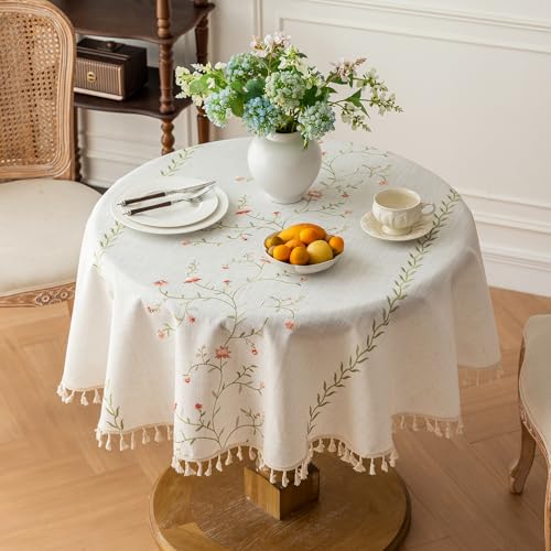 Joyfol Day Linen Waterproof Round Tablecloth with Tassels, Rustic Farmhouse Flowers Embroidery Table Cloths for Round Tables, Heavy Weight Spill-Proof Table Covers, Pink Florals, 55 inch by Joyfol Day - Used condition - US$20.61