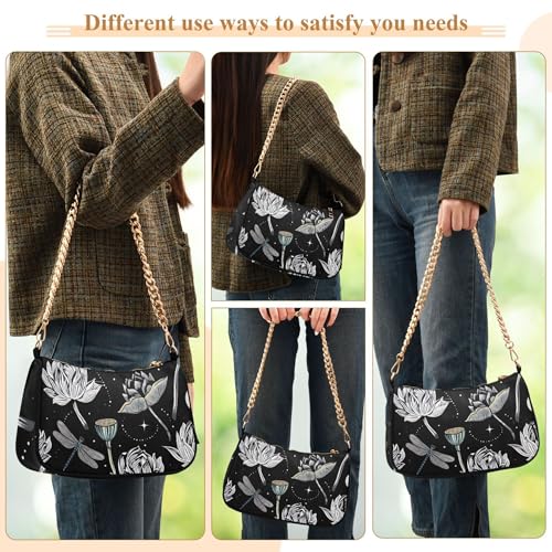 Zipper Classic Purse Hobo Totes White Lotus Floral Dragonflies Designer Handbag Women One Shoulder Purses with Chain Strap 5