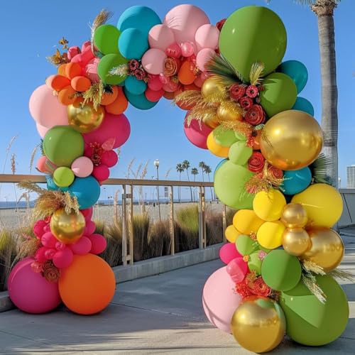 Image of Tropical Balloons Arch Pink Green Orange Gold Balloons Pastel Yellow Teal Balloon Garland For Flamingo Beach Hawaiian Luau Aloha Summer Birthday Baby Shower Party Decorations