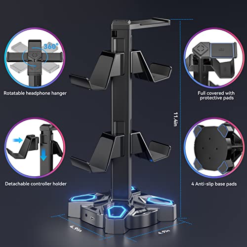 Kdd Gaming Rgb Headphones Stand, Rotatable Headset Stand With 9 Light Modes - Controller Holder With 2 Usb Charging Ports And 3.5Mm & Type-C Port - Earphone Hanger Accessories For Desktop Gamer(Black) #TOP3