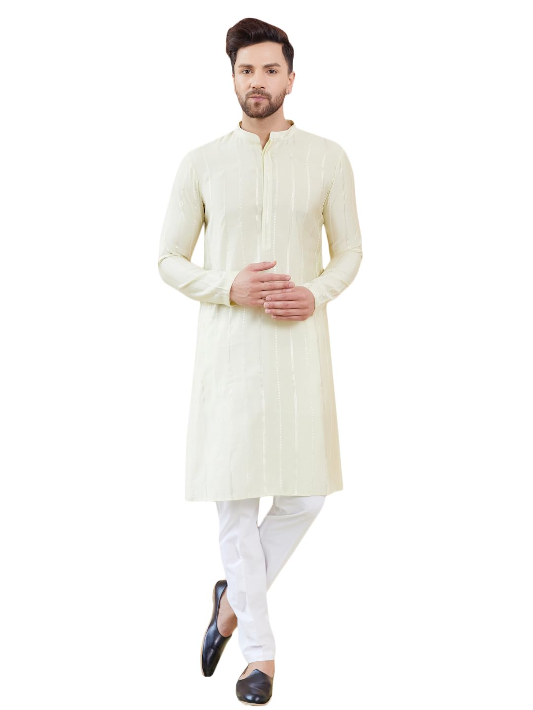 See Designs Men Full Sleeve Side Slit Cream And Gold Chanderi Silk Sequins Mandarin Collar Kurta - Sd2Kt_2430L