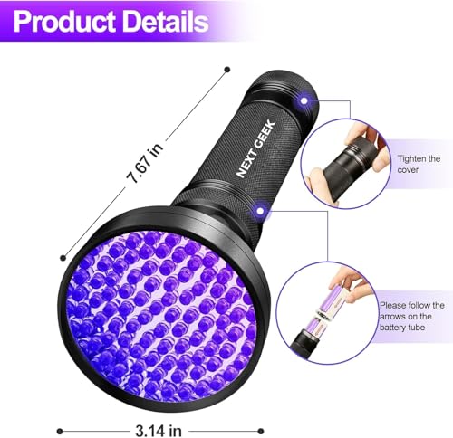 Image of NEXT GEEK 100 LED UV Flashlight Ultraviolet Torch 395-400nm ip55 Water Resistant with 6xAA Battery Used for Pet Urine Detection, Dry Stains, Bed Bugs, Scorpions, Document Verification and Much More