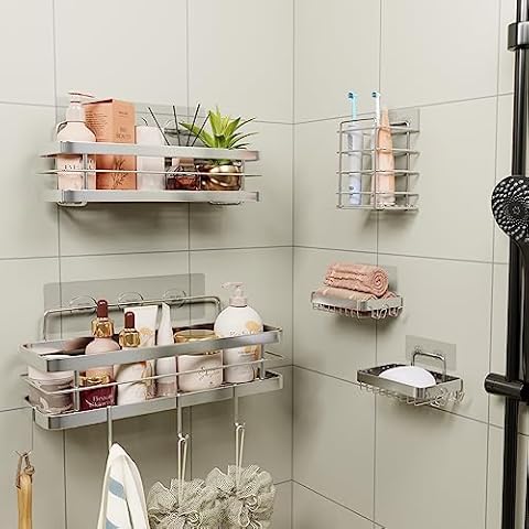KESOL Shower Caddy 5-Pack, Adhesive Shower Organizer with Soap Holder and 4 hooks, Wall Mounted No Drilling, SUS304 Stainless Steel Rustproof, Shelf for Inside Shower, Bathroom Organizer - Silver Cover