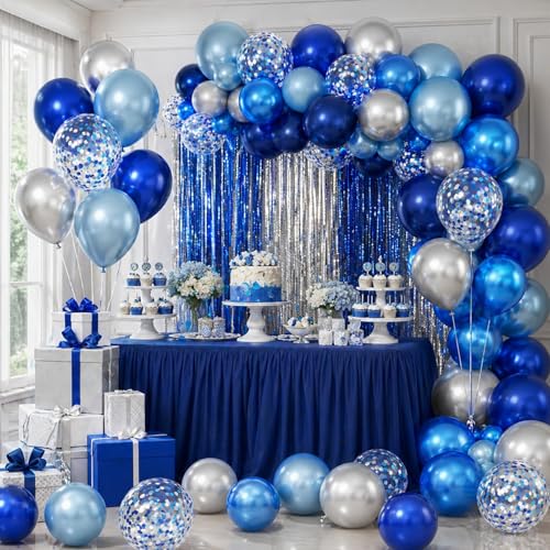 Image of Blue and Silver Balloons, 12 Inchs Navy Blue Metallic Silver Blue Pearl Confetti Balloons for Birthday Graduation Baby Shower Wedding Retirement Space Theme Party Supplies