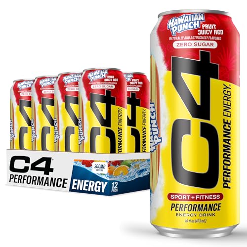 C4 Energy Drink, Hawaiian Punch Fruit Juicy Red, Carbonated Sugar Free Pre Workout Performance Drink with no Artificial Colors or Dyes, 16oz Pack of 12