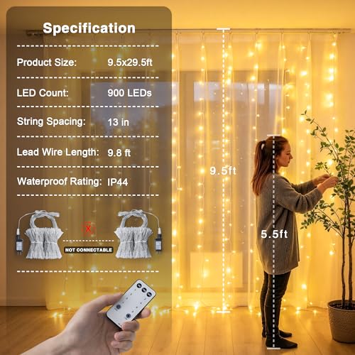 Image of JMEXSUSS 900 LED Curtain Lights, Outdoor String Lights Indoor, 9.5x29.5ft