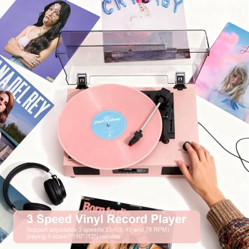 Image of Vinyl Record Player Bluetooth Turntable with Built-in Stereo Speakers USB Recording 3 Speeds Belt Drive Turntables Support RCA Output, LED Display, EQ, Pink