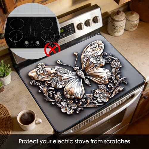 Image of Nuxovilar Gilded Butterfly Stove Cover Diatom Mud 28.65x20.47 In | Glass Protector Countertop Mat Counter Saver Cooktop Cover Kitchen Elegant Cooking Room (Diamond Butterfly)