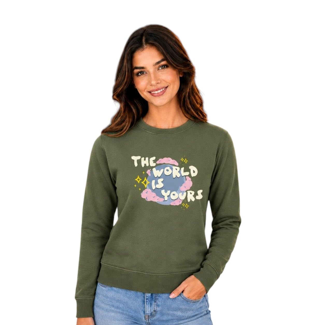 Men's Graphic Print Round Neck Sweatshirt The World is Yours Olive Green-image-7