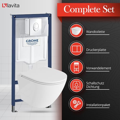 LAVITA Vorwandelement Solido Start + Wand Hänge WC Sofi One Weiß Spülrandlos + WC Sitz mit Absenkautomatik Verchromter Knopf Komplettset Unterputz Spülkasten Toilette Komplett Sett WC – Bild 4