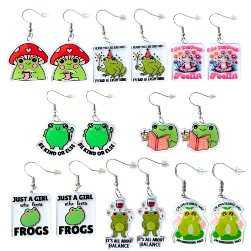 9PC Frog Earrings Cute Mushroom Kawaii Cool Weird Stuff Funny Sayings Dont Bug Me Ill Eat You Sarcastic Mental Health Emotional Humor Quirky Sassy Unique Trendy Gifts Accessories Jewelry For Women
