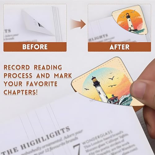 Image of 2Pcs Lighthouse Ocean Corner Bookmarks, Handmade PU Leather Page Corner Protectors, Vintage Sea Art Stationery Gift for Women, Teachers, Students, Summer Reading Accessories 3.54 x 3.54