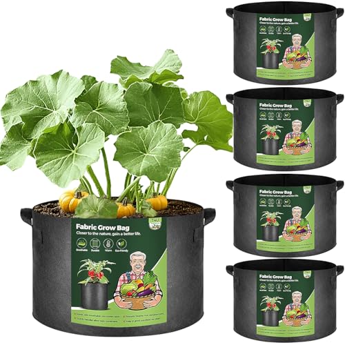 T4U 25 Gallon Grow Bags Upgrade Grow Bags with Handles Heavy Duty Thickened Nonwoven Fabric Pots 25 Gallon Pots for Plants Pumpkin Butternut Squash Grape (5 Pack 25 Gal)