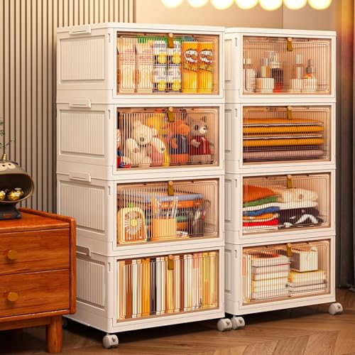 Image of TidyTrove Storage Boxes with Lid, 4-Tier Plastic Stackable Storage Boxes with 1 Lid 28L /Tier, Folding Storage Bins with Wheels, Storage Organizer for Bedroom Living Room Study Office
