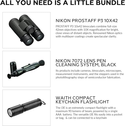 Image of Nikon PROSTAFF P3 10x42 Waterproof Binocular for Adults | Small & Compact Travel Binoculars for Bird Watching | Lens Pen Cleaning System, & Flashlight Bundle Set