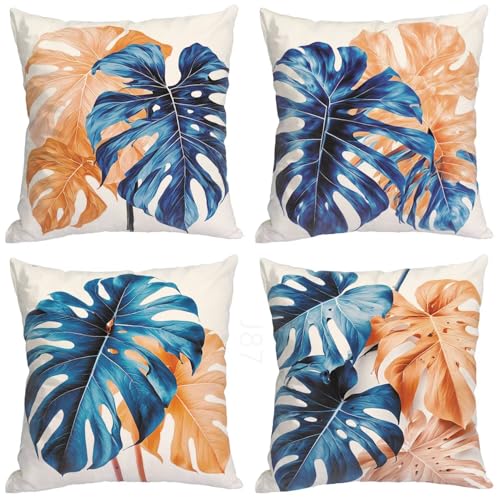 Fundas Cojines 45x45,Juego de 4 Lino Funda Cojin Azul Cojines Grandes,Exterior Funda AlmohadaPlanta Cogines Sofá con Cremallera Oculta,Fundas Cojin para Sala de Estar Sofá Cama Coche Decoracion R1-87