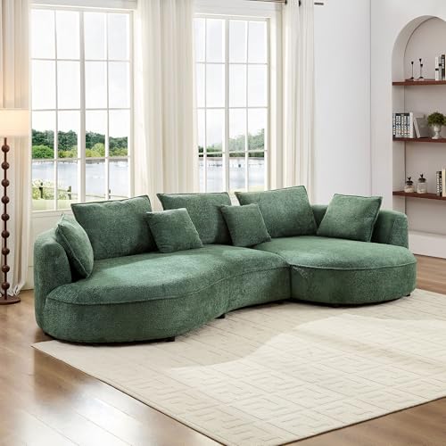 Image of KEIKI 125 inch Luxury Curved Boucle Sectional Sofa with Right Chaise, Upholstered Modern Style Oversized 5-Seater Couch with Thickened Seat Cushions, Easy Assembly, for Apartment, Living Room, Green