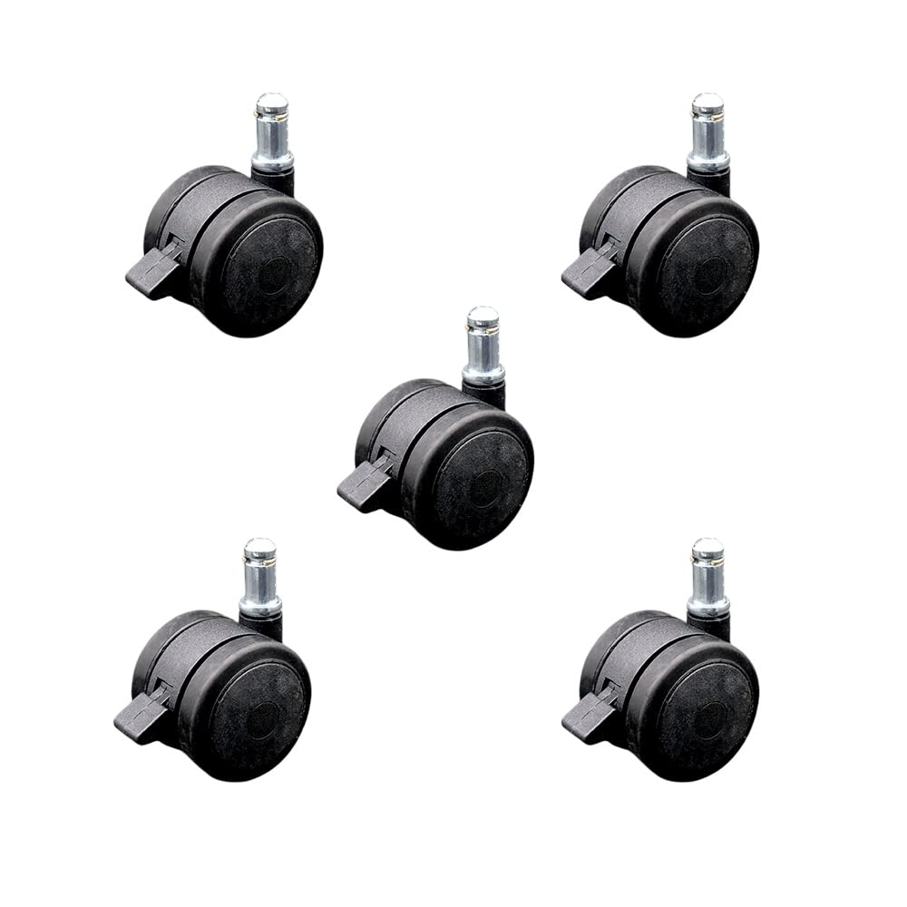 2 Inch Office Chair Stem Casters Set of 5 - Black Thermoplastic Rubber Twin Wheel with 7/16 Inch by 7/8 Inch Grip Ring Stem Casters and Brakes - 375 lbs. Total Capacity - Service Caster Brand