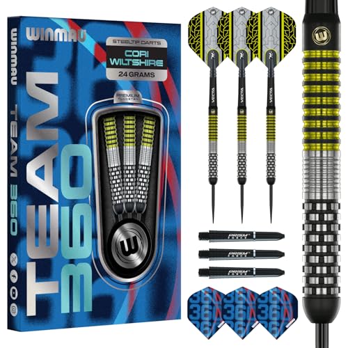 WINMAU Darts Cori Wiltshire Team 360–24 g, professionelles Dart-Set mit 90 % Stahlspitze, Wolfram, inkl. Vecta-Schäfte (Dart-Schäfte), extra dicke 100-Mikron-Dart-Flights