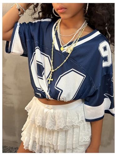 Image of BEAUDRM Girl's Jersey Shirts Leopard Number Print Jersey Shirt Cheetah V Neck Half Sleeve Oversized Tee Tops