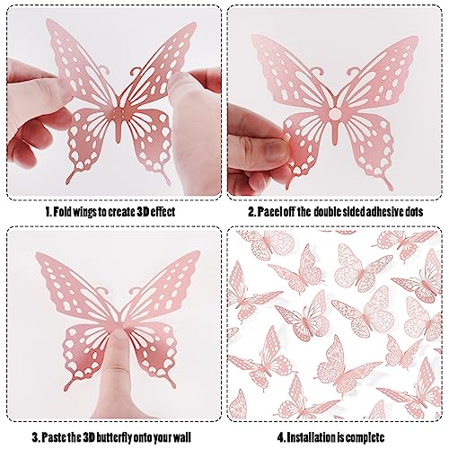 Image of SAOROPEB 3D Butterfly Wall Decor 48 Pcs Pink Butterfly Decorations | 4 Styles 3 Sizes, Birthday Decorations Pink Room Decor Butterfly Party Decorations Cake Decorations, Removable Wall Stickers