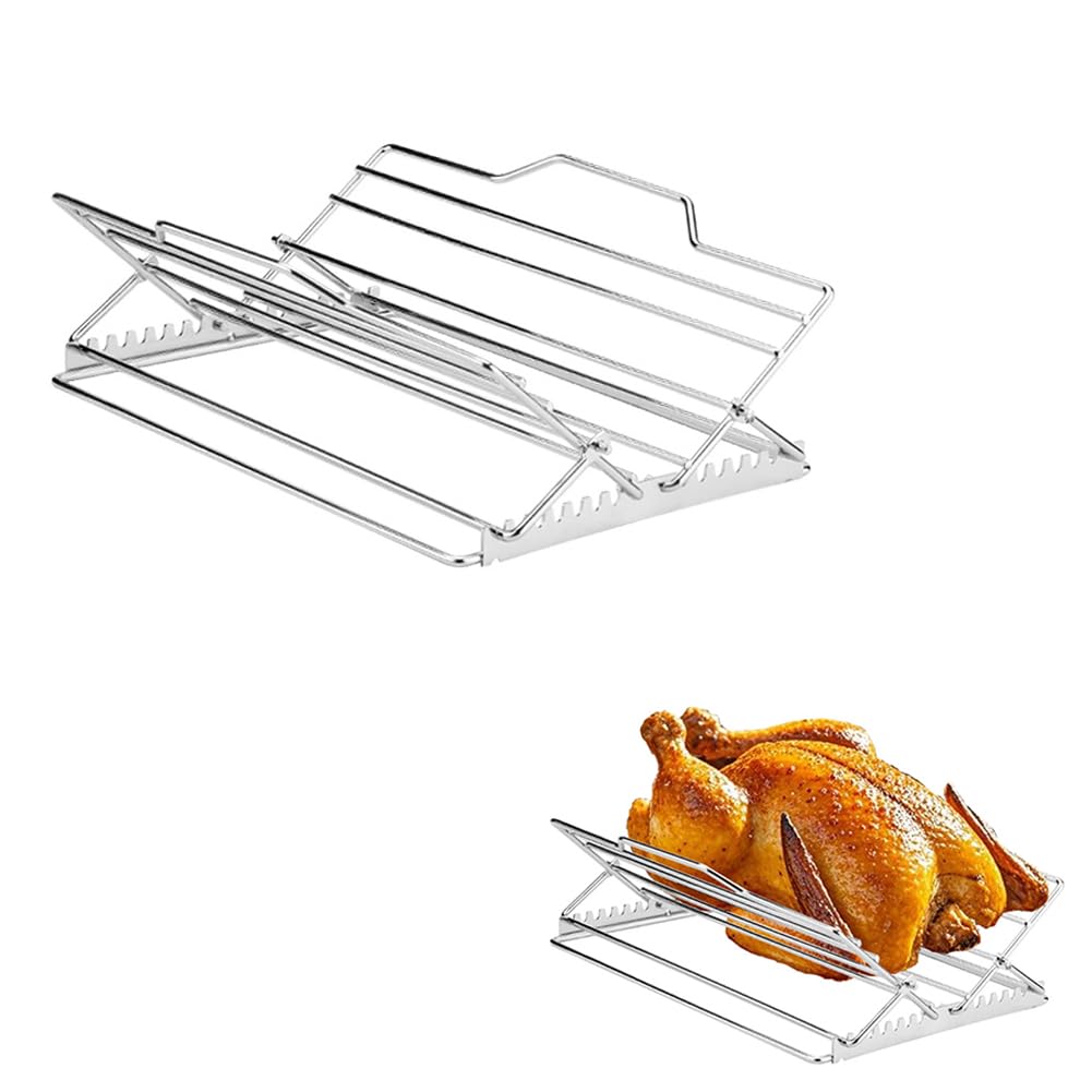 Adjustable Turkey Chicken Roasting Rack,Foldable V-Shaped Turkey Tray,Chrome Plating Rib Broiler Rack,Meat Grill Stand, Oven Rack for Turkey, Kitchen Gadget for Roasting Pan to 7 Positions