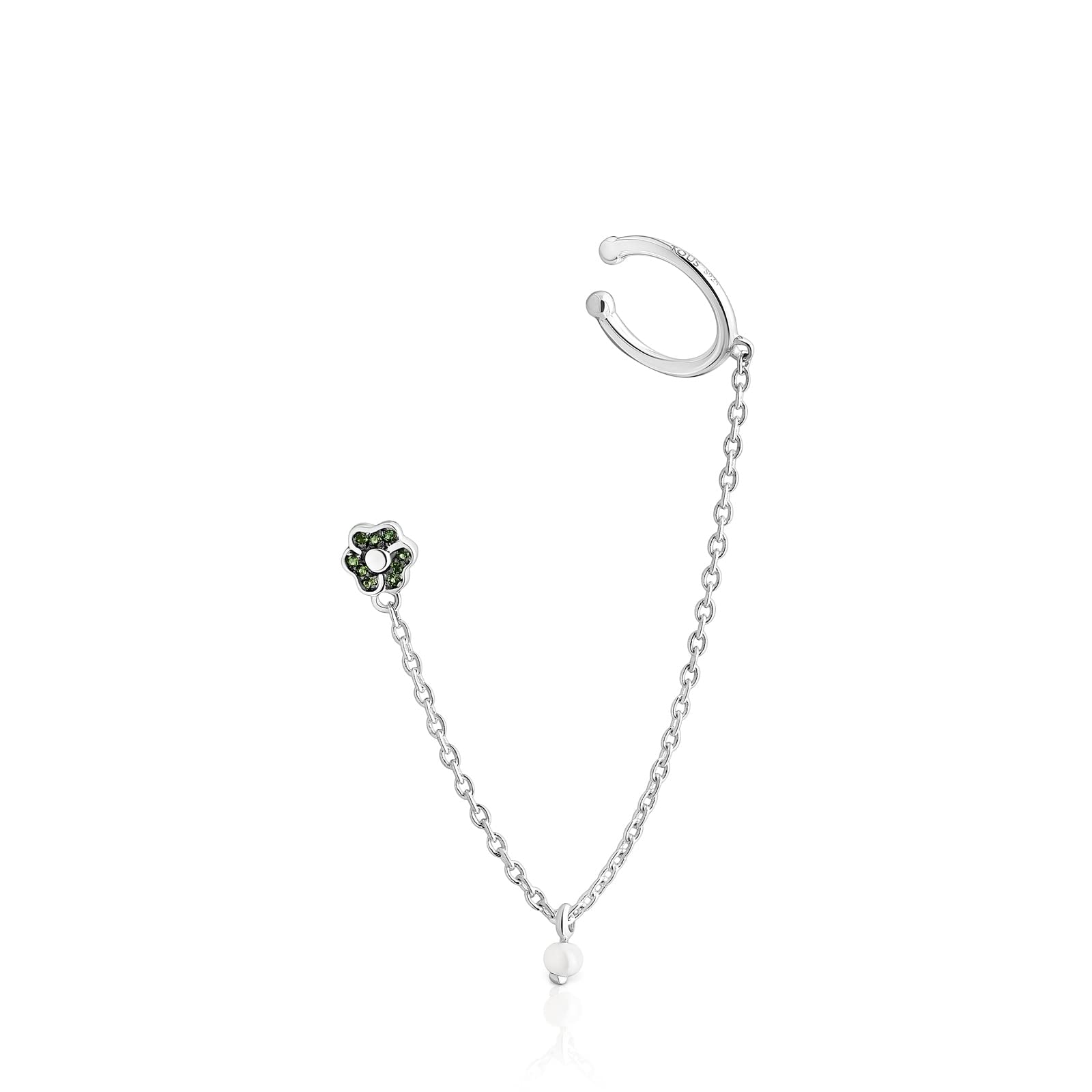 TOUS Pendientes de Plata de Primera Ley para Mujer con Cierre de Presión y Motivo Flor de Cromodiópsidos 1mm y Perla, Minimalista y Elegante, Colección Motif