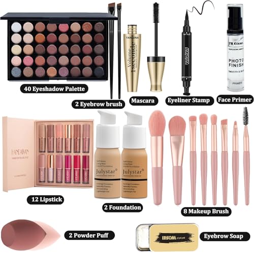 All in One Make Up Set - Schminke Set für Frauen - 40 Farben Lidschatten Palette, Mascara, Foundation & Face Primer, Eyeliner Stempel, Lip Gloss Set, Augenbrauen Seife, Makeup Schwamm Pinsel Set – Bild 3