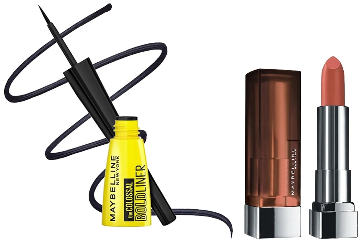 New York Color Sensational Creamy Matte Lipstick, 657 Nude Nuance, 3.9G And Maybelline New York Colossal Bold Eyeliner, Black, 3G