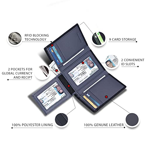 Image of Real Leather Mens Trifold Wallet RFID Blocking Slim Minimalist Front Pocket - Thin & Stylish with ID Window in Gift Box, Black /Navy Slide, Trifold