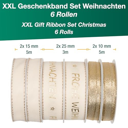 Halbach Seidenbänder Premium Geschenkband Set Weihnachten | 6 Rollen weihnachtliche Dekobänder | Schleifenband zum Geschenk einpacken