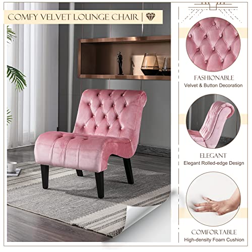 Kinffict Velvet Accent Lounge Chair For Living Room, Modern Leisure Chair With Tufted Backrest, Indoor Armless Side Chair, Upholstered Bedroom Sleeper Chair With Solid Wood Legs, Pink #TOP3
