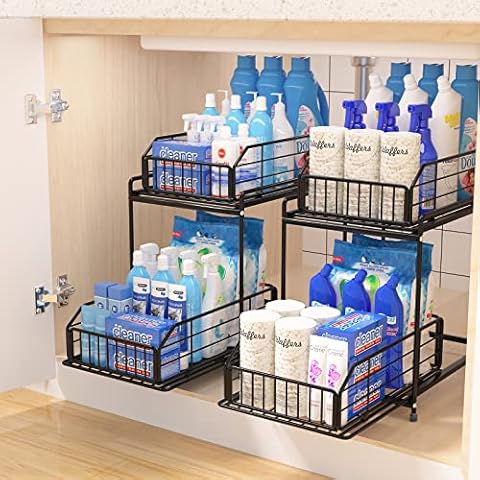 NUTSAAKK 2 Pack Under Sink Organizers and Storage, Kitchen Cabinet Organizer with Sliding Drawer, Upgraded Bathroom Organizer Under Sink, 2 Tier Kitchen Sink Organizer, for Bathroom, Kitchen, Black Cover
