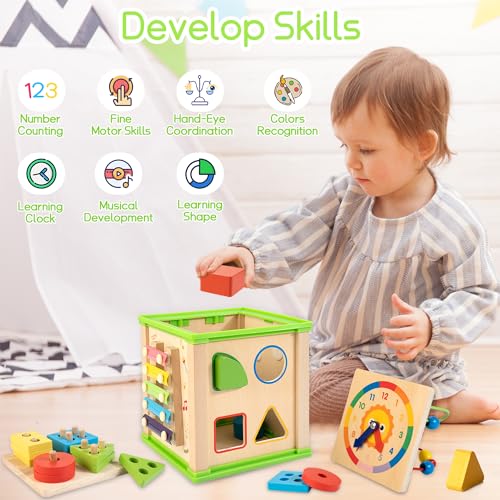 Wooden 7-in-1 Activity Cube| Montessori Toys for 1 2 3 Year Old Toddlers| Baby Educational Developmental Toys |One Year Old Boys Girls First Birthday Gifts |Bonus Sorting & Stacking Board - Image 6