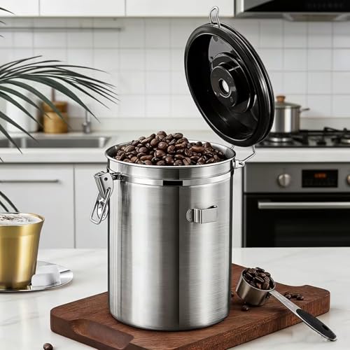 Image of Container for Ground Coffee, Coffee Beans - Coffee Canister 1200 ml with Built in Valve Stainless Steel Airtight with Scoop, Storage for Beans, Grounds, Tea, Sugar (Set of 1)