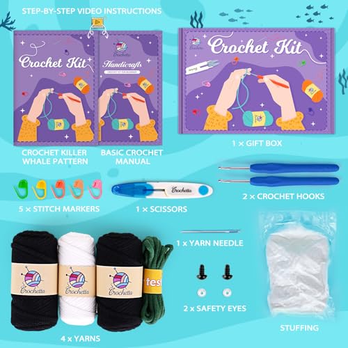 Image of Crochetta Crochet Kit for Beginners, Crochet Starter Kit w Step-by-Step Video Tutorials, Beginner Crochet Kit for Adults Kids Women Men Complete Kit Included (Killer Whale)