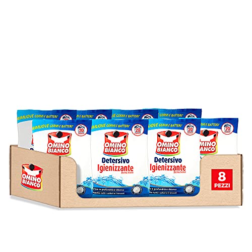 Omino Bianco - Detersivo Lavatrice in Polvere, 160 Lavaggi, Igienizzante con Antibatterico, Rimuove Germi e Batteri, 1100 gr x 8 Pezzi