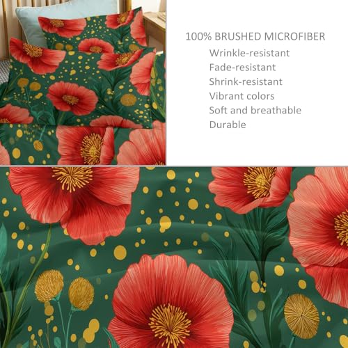 Housse de Couette Imprimé Fleurs Parure Réversible Rouge Vert 90x190 - 6