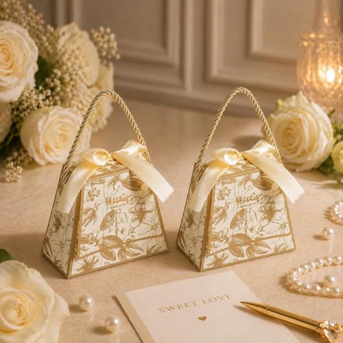 Image of SATYAM KRAFT 20 Pcs Decorative Gift Box with Handle & Ribbon Premium Floral Printed Packaging Small Paper Box for Gifting, Storage, Return Gift, Wedding, Birthday, Chocolate, Dry Fruit (off white)