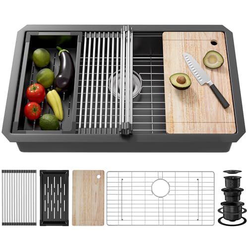 33 Inch Undermount Kitchen Sink Stainless Steel, 33x19 Undermount Workstation Sink Single Bowl Commercial 16 Gauge Stainless Steel Kitchen Black