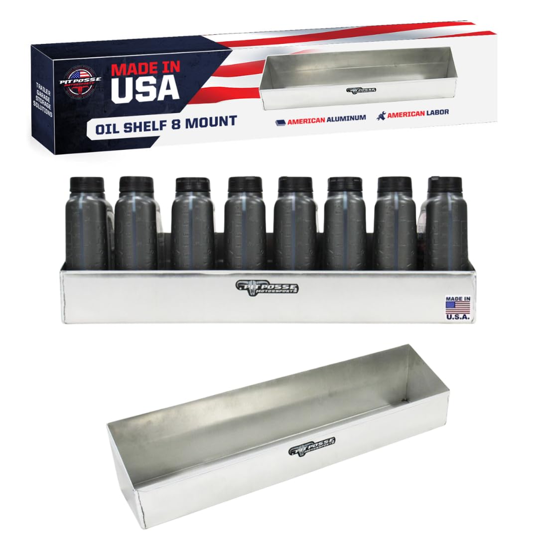 Pit Posse 564 Oil Shelf Caddy 8 Bottle Rack Holder 24" - Made in USA - Holds 8 Quarts of Automotive Motor Engine Oil - Enclosed Race Trailer Shop Garage Aluminum Storage Organizer (Silver)
