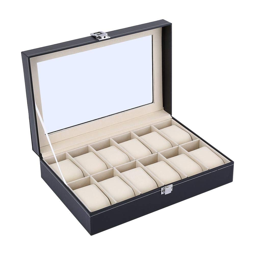 Caja para relojes con tapa, estuche para 12 relojes, estuche para relojes de piel sintética para hombre – negro, 30,2 x 12,2 x 8 cm