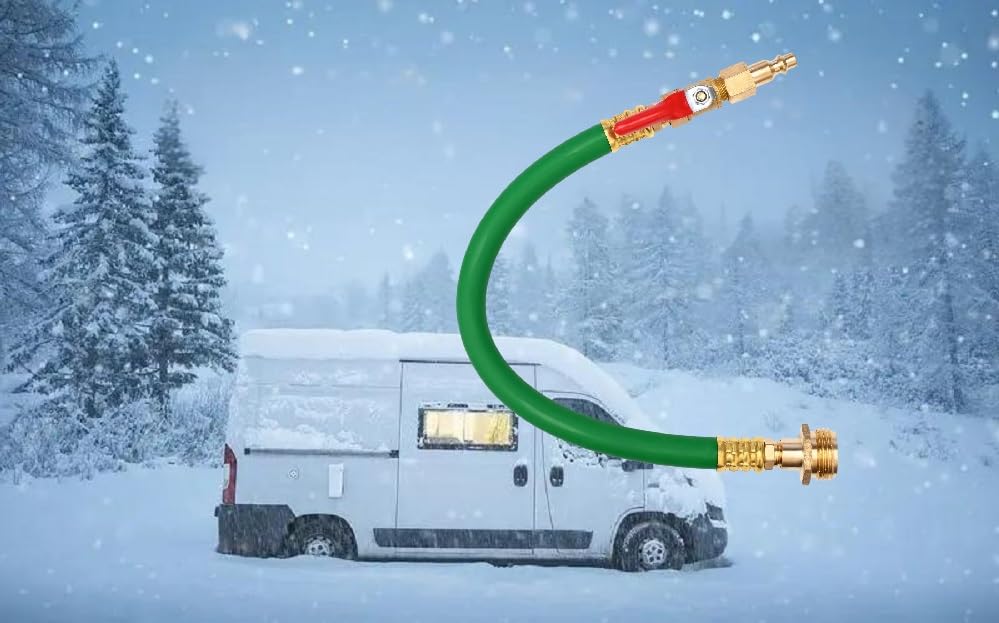 Image of 12 inch Winterize Sprinkler System RV Motorhome Boat Camper and Travel Trailer: Air Compressor Quick-Connect Plug to 3 /4 inch Garden Hose Faucet Blow Out Adapter Fitting with Shut Off Valve (Green)