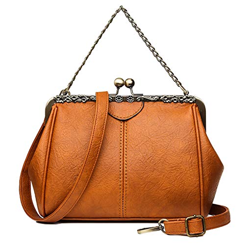 Segater Women Small Retro Kiss Lock Handbag and Purses PU Leather Hollow Tote Shoulder Bag Satchels with Chain Brown