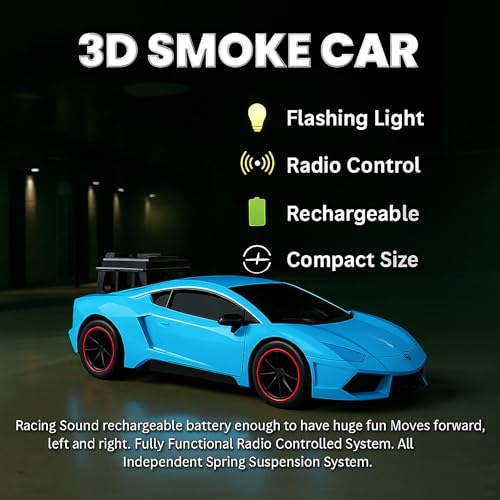 Image of GRAPHENE Remote Control Chargeable 3D Famous Smoke Car with Flashing Light, Radio Control Race car for Kids for 3-12 Year Old Kid Birthday Remote Control Rechargeable Blue Car (Pack of 1)