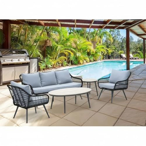 Image of LOCCUS 4 Piece Outdoor Patio Furniture Sets, All-Weather Sectional Sofa Patio Furniture Conversation Set, Glass Table & Washable Cushions for Backyard Porch Garden Lawn Balcony(Grey)