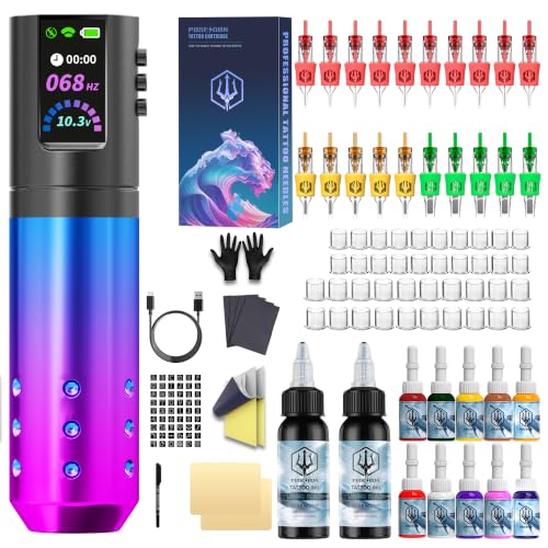 POSEIDON Tattoo Gun Kit, Wireless Tattoo Pen 1800mAh with LED Display